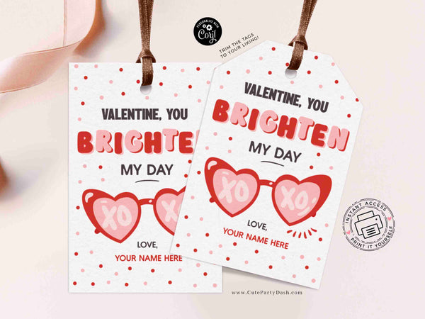 Valentine Sunglasses Gift Tag Printable – You Brighten My Day