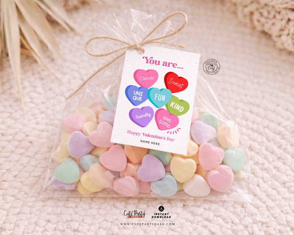 Candy Hearts Valentine's Day Tag Printable, Kids Classroom Exchange, Editable Teacher Valentine Tags