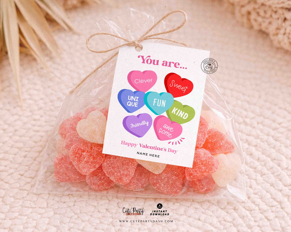 Candy Hearts Valentine's Day Tag Printable, Kids Classroom Exchange, Editable Teacher Valentine Tags