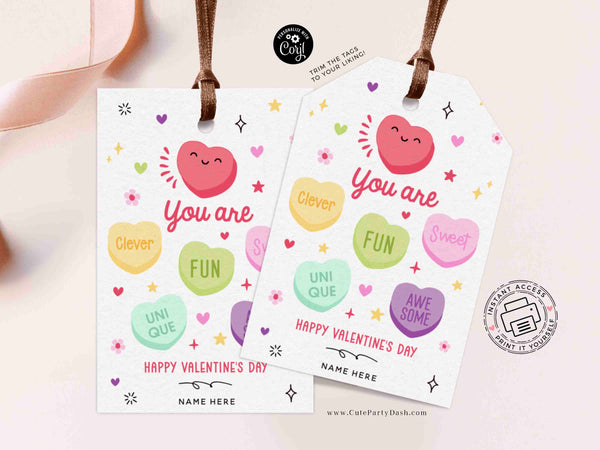 Candy Hearts Valentine's Day Tag Printable, Kids Classroom Exchange, Editable Teacher Valentine Tag