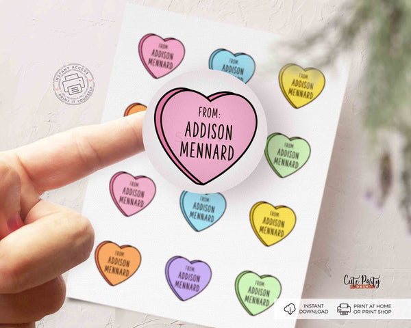Candy Heart Valentine Stickers – Personalized Classroom Exchange Valentines Labels