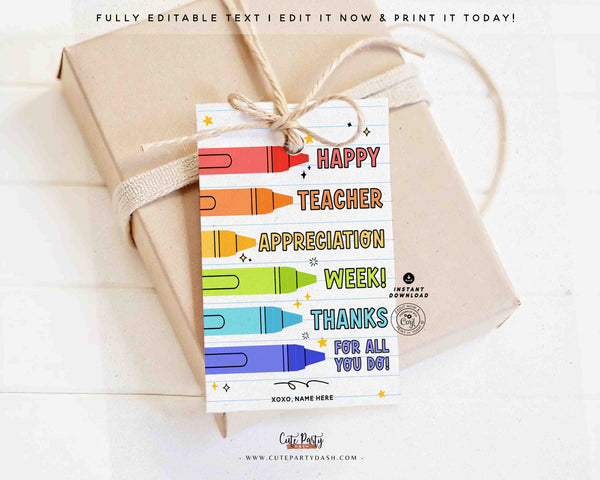 Teacher Appreciation Gift Tag Printable – Thank You Teacher Crayon Tag – Editable Instant Download