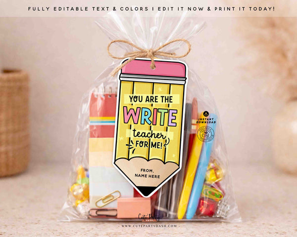Teacher Appreciation Gift Tag Printable, Write Teacher Tag, Thank You Teacher Tag, Pencil Gift Tag, Editable Gift Tag, Instant Download