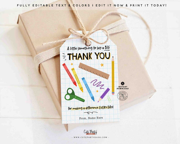 Teacher & Paraprofessional Appreciation Gift Tag Printable – Thank You Teacher School Supplies Tag – Editable Instant Download