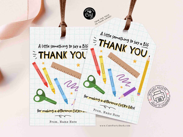 Teacher & Paraprofessional Appreciation Gift Tag Printable – Thank You Teacher School Supplies Tag – Editable Instant Download