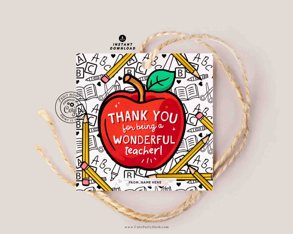 Teacher Appreciation Gift Tag Printable, Thank You Teacher Tag, Apple Teacher Gift Tag, Editable Gift Tag, Instant Download