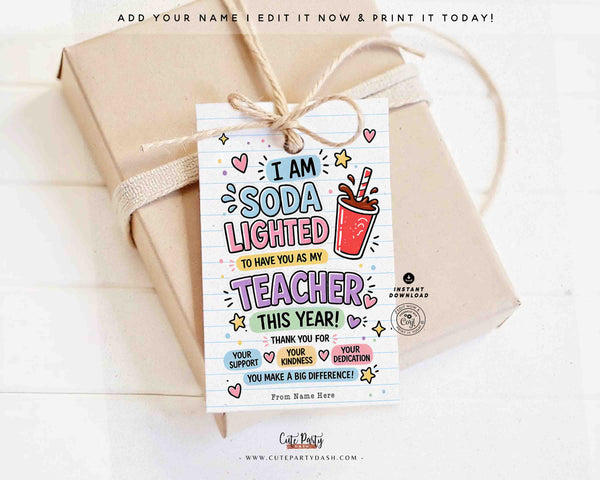 Teacher Appreciation Soda Gift Tag Printable – Funny Thank You Teacher Tag – Editable Name Instant Download