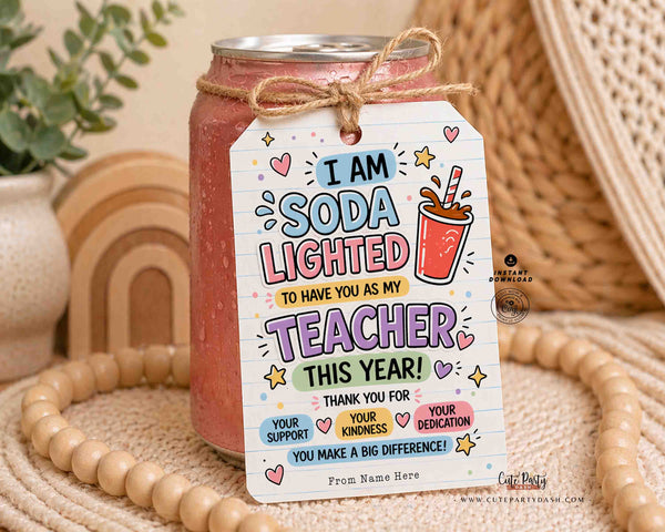 Teacher Appreciation Soda Gift Tag Printable – Funny Thank You Teacher Tag – Editable Name Instant Download