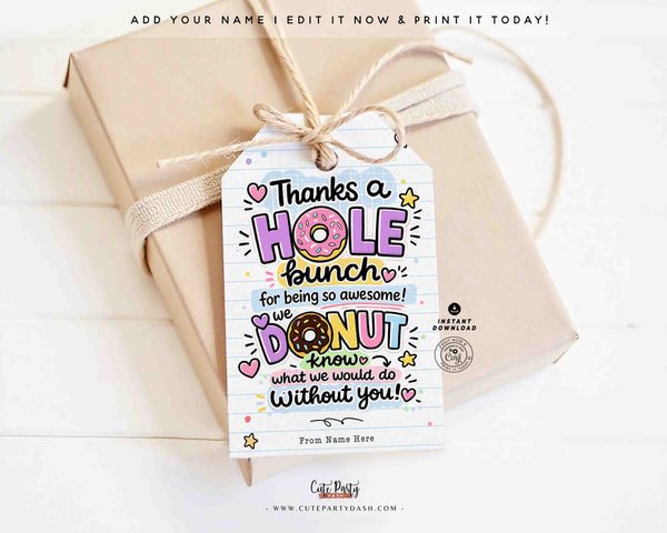 Teacher Appreciation Donut Gift Tag Printable – Thank You Teacher Tag – Editable Name Instant Download