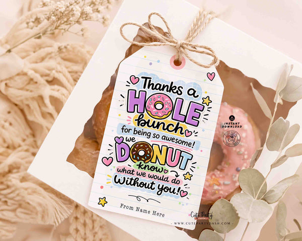 Teacher Appreciation Donut Gift Tag Printable – Thank You Teacher Tag – Editable Name Instant Download