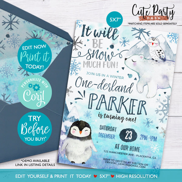 EDITABLE Winter ONEderland Birthday invitation watercolor, Wonderland invitation, Printable Little snowflake invite, 100 INSTANT DOWNLOAD