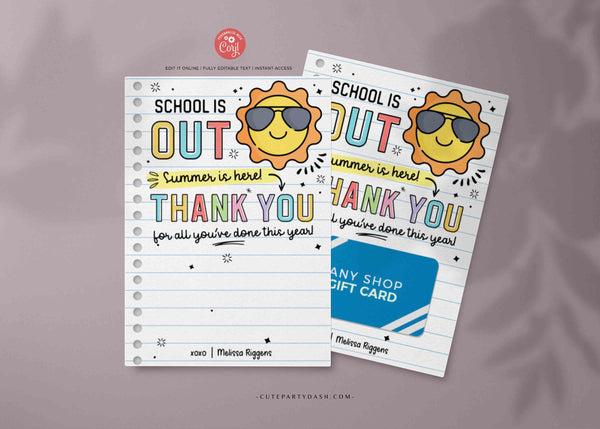End of Year Teacher Gift Card Holder Summer Thank You Gift Card Holder template Printable Teacher Appreciation Week Gift INSTANT DOWNLOAD