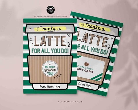 Thanks a Latte Gift Card Holder Coffee Thank You Teacher Card template Printable Employee Appreciation Week Editable Gift INSTANT DOWNLOAD