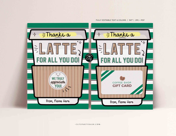 Thanks a Latte Gift Card Holder Coffee Thank You Teacher Card template Printable Employee Appreciation Week Editable Gift INSTANT DOWNLOAD
