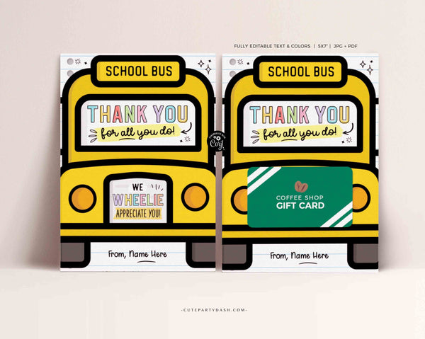 Editable Bus Driver Gift Card Holder template, Printable School Bus Driver Thank You Appreciation Gift, INSTANT DOWNLOAD, Corjl Card