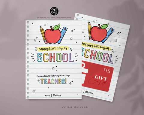 Editable Happy First Day of School Gift Card Holder Welcome Back to School Teacher Gift card template School Supplies Card INSTANT DOWNLOAD