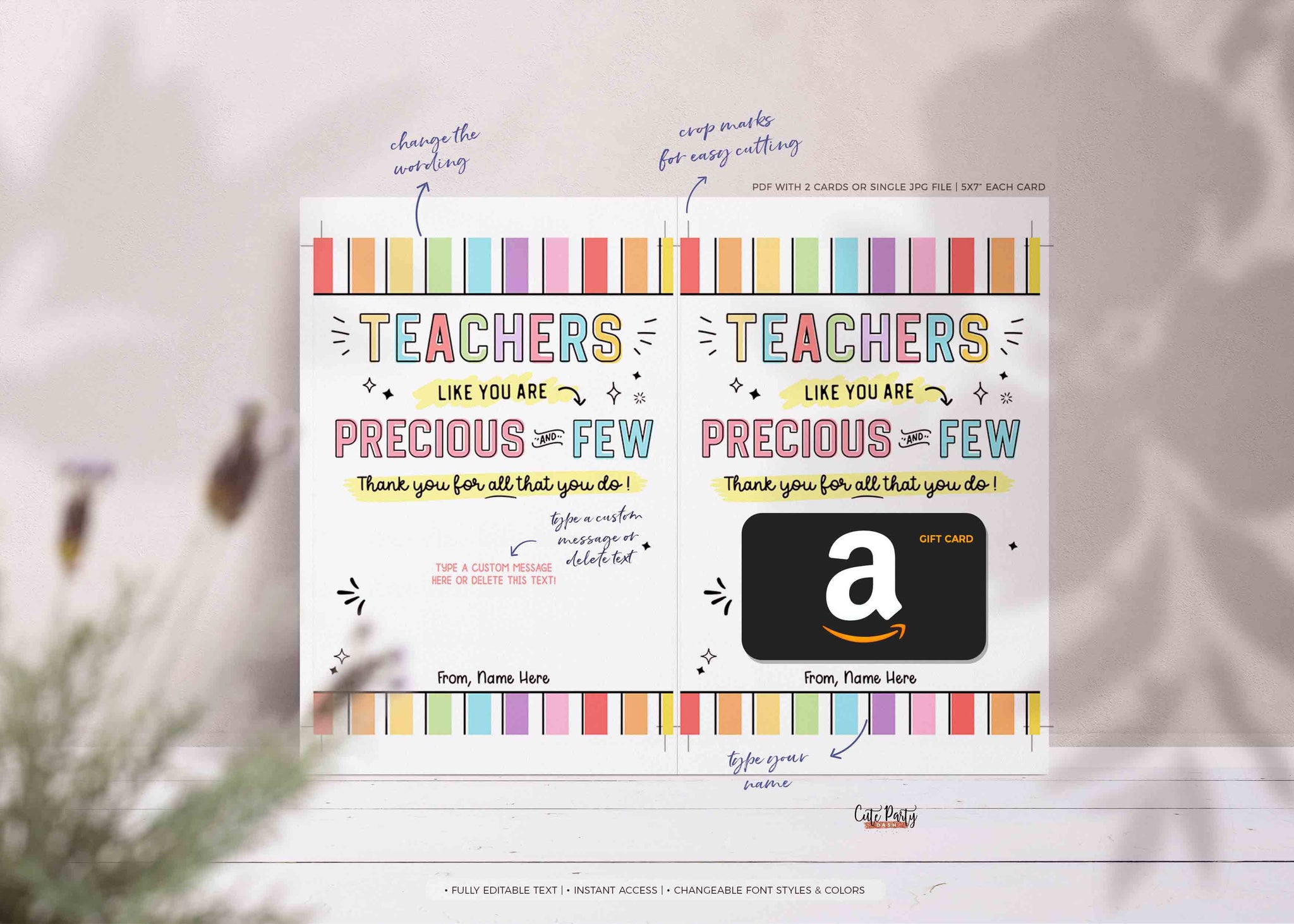 Editable Teacher Thank You Gift Card Holder template – Cute Party Dash