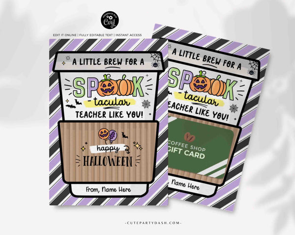 Editable Fall Harvest Teacher Halloween Coffee Gift Card Holder template, little Brew Spooktacular Teacher, therapist, pto INSTANT DOWNLOAD