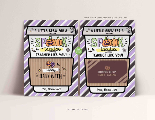 Editable Fall Harvest Teacher Halloween Coffee Gift Card Holder template, little Brew Spooktacular Teacher, therapist, pto INSTANT DOWNLOAD