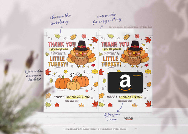 Editable Thanksgiving Gift Card Holder Teacher INSTANT DOWNLOAD Printable Thank You all you do for our Little Turkey Fall Harvest School