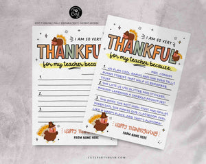 Editable Teacher Thanksgiving Card Printable Gift for Teacher INSTANT DOWNLOAD Printable Fill-in-the-blank Card Thankful for my teacher Card