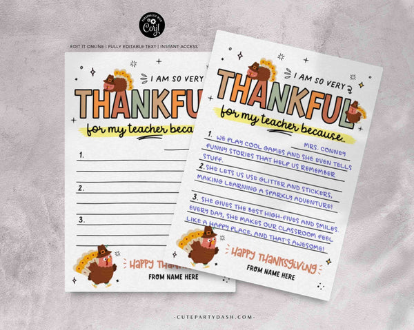 Editable Teacher Thanksgiving Card Printable Gift for Teacher INSTANT DOWNLOAD Printable Fill-in-the-blank Card Thankful for my teacher Card