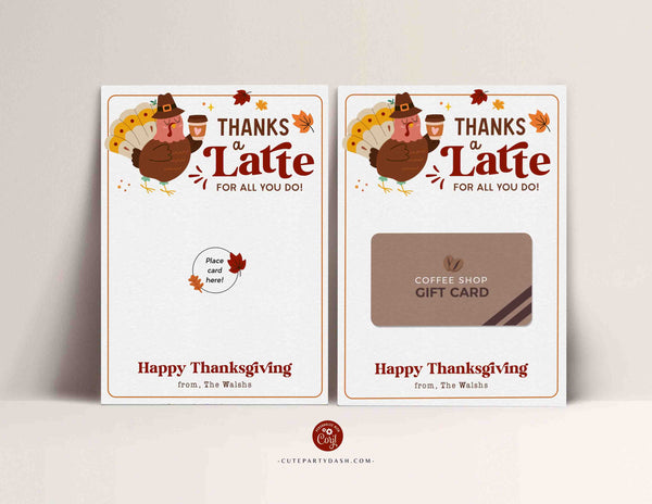 Thanks a Latte Thanksgiving Coffee Gift Card Holder Printable INSTANT DOWNLOAD Editable Gift for Teacher, Coworker, Staff, Employee, Team