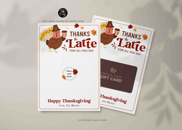 Thanks a Latte Thanksgiving Coffee Gift Card Holder Printable INSTANT DOWNLOAD Editable Gift for Teacher, Coworker, Staff, Employee, Team