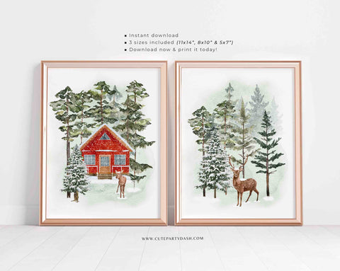 Winter Forest Christmas Wall Art Printable Christmas Print INSTANT DOWNLOAD Watercolor Holiday Party Printable decoration Poster Sign decor