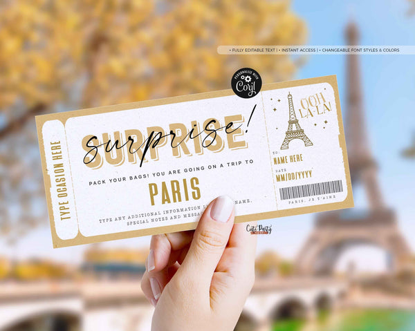 Surprise Trip to Paris Gift ticket Template, Editable Birthday Gift ticket, France Vacation Boarding Pass Ticket Trip - Digital Download