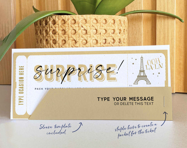 Surprise Trip to Paris Gift ticket Template, Editable Birthday Gift ticket, France Vacation Boarding Pass Ticket Trip - Digital Download