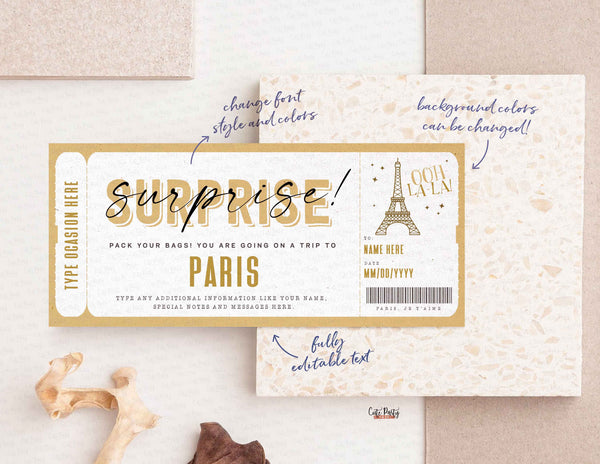 Surprise Trip to Paris Gift ticket Template, Editable Birthday Gift ticket, France Vacation Boarding Pass Ticket Trip - Digital Download