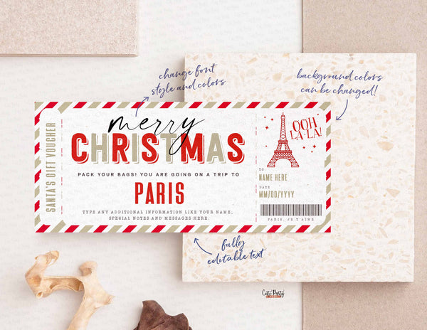 Christmas Trip to Paris Gift ticket Template, Editable Holiday ticket, Surprise France Vacation Boarding Pass Ticket Trip - Digital Download