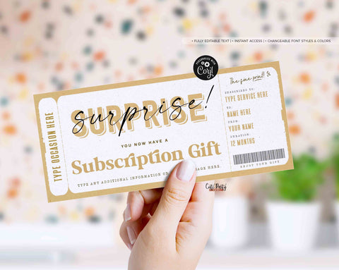 Birthday Gift, Subscription Gift Ticket Voucher, Streaming Service, EDITABLE Subscription Gift Box Coupon Surprise Gift - Digital Download