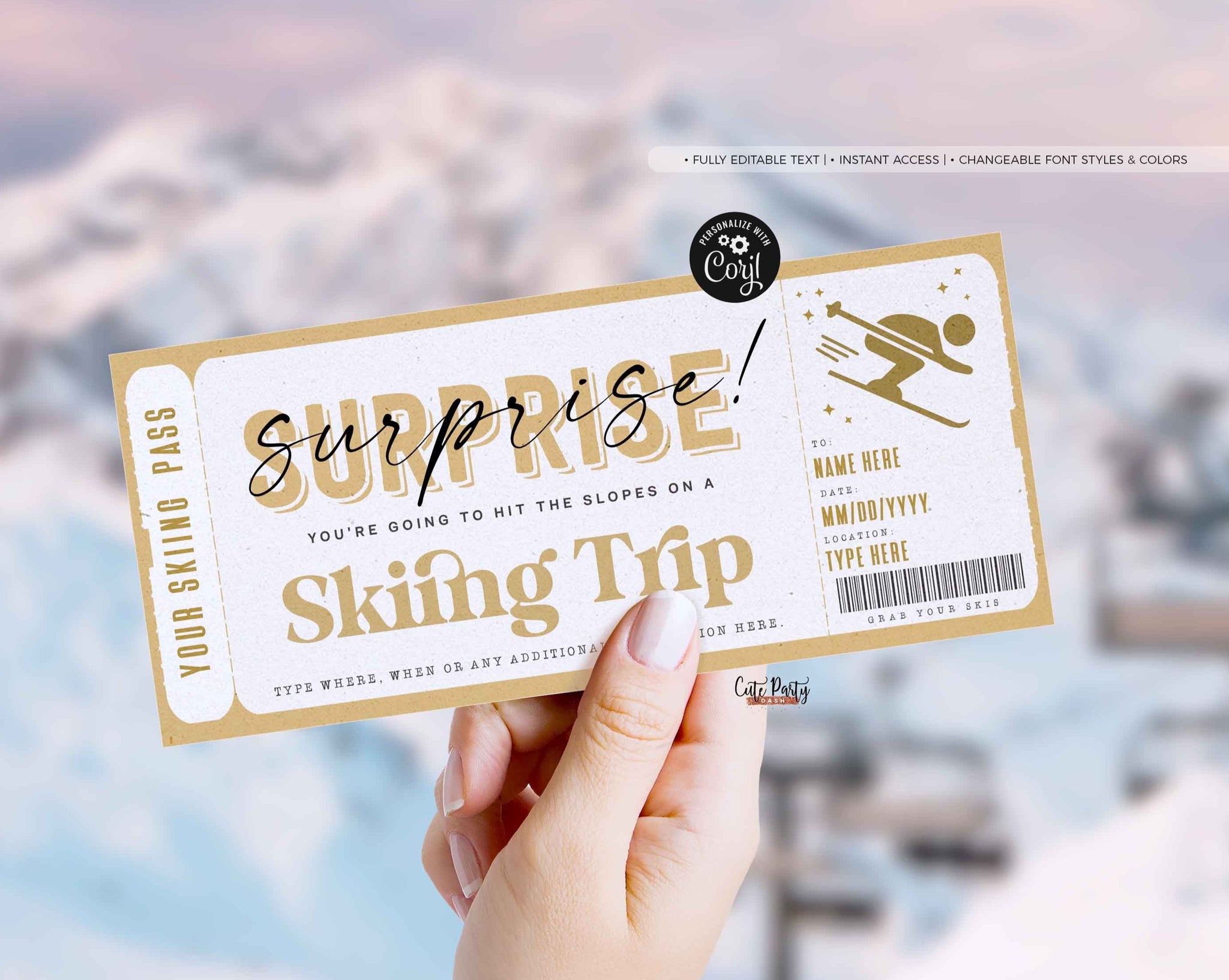 Surprise Ski Trip Ticket Template, Skiing Pass Gift Voucher