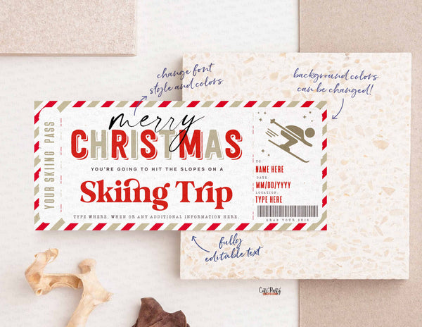 Christmas Surprise Ski Trip Ticket Template, Skiing Pass Gift Voucher - Digital Download