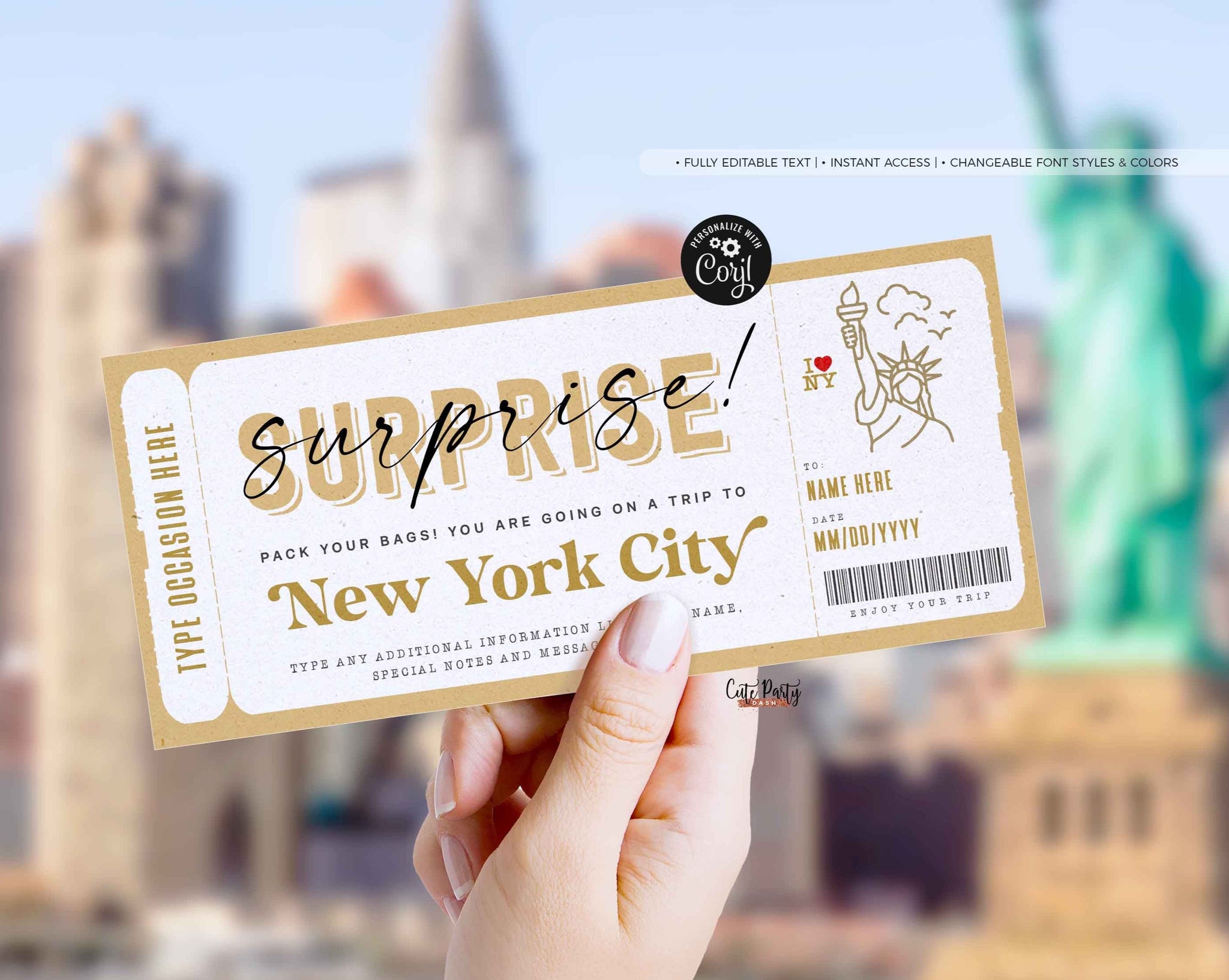 Surprise New York trip ticket voucher Template - Digital Download