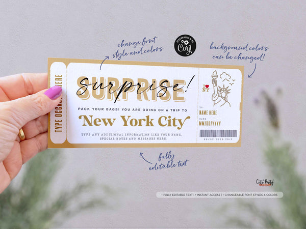 Surprise New York trip ticket voucher Template - Digital Download