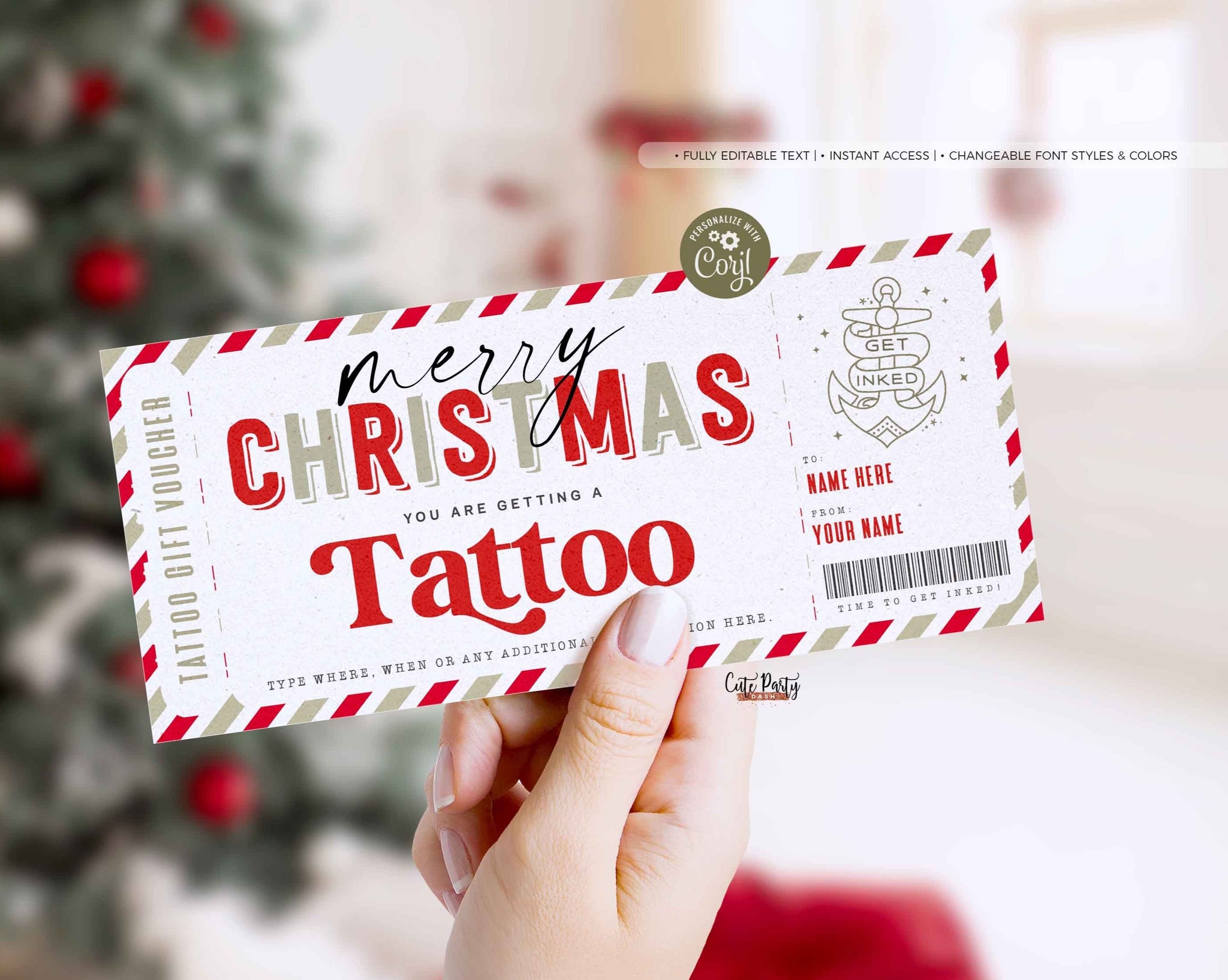 Christmas Tattoo Gift Certificate Editable Template, Surprise Tattoo G –  Puff Paper Co