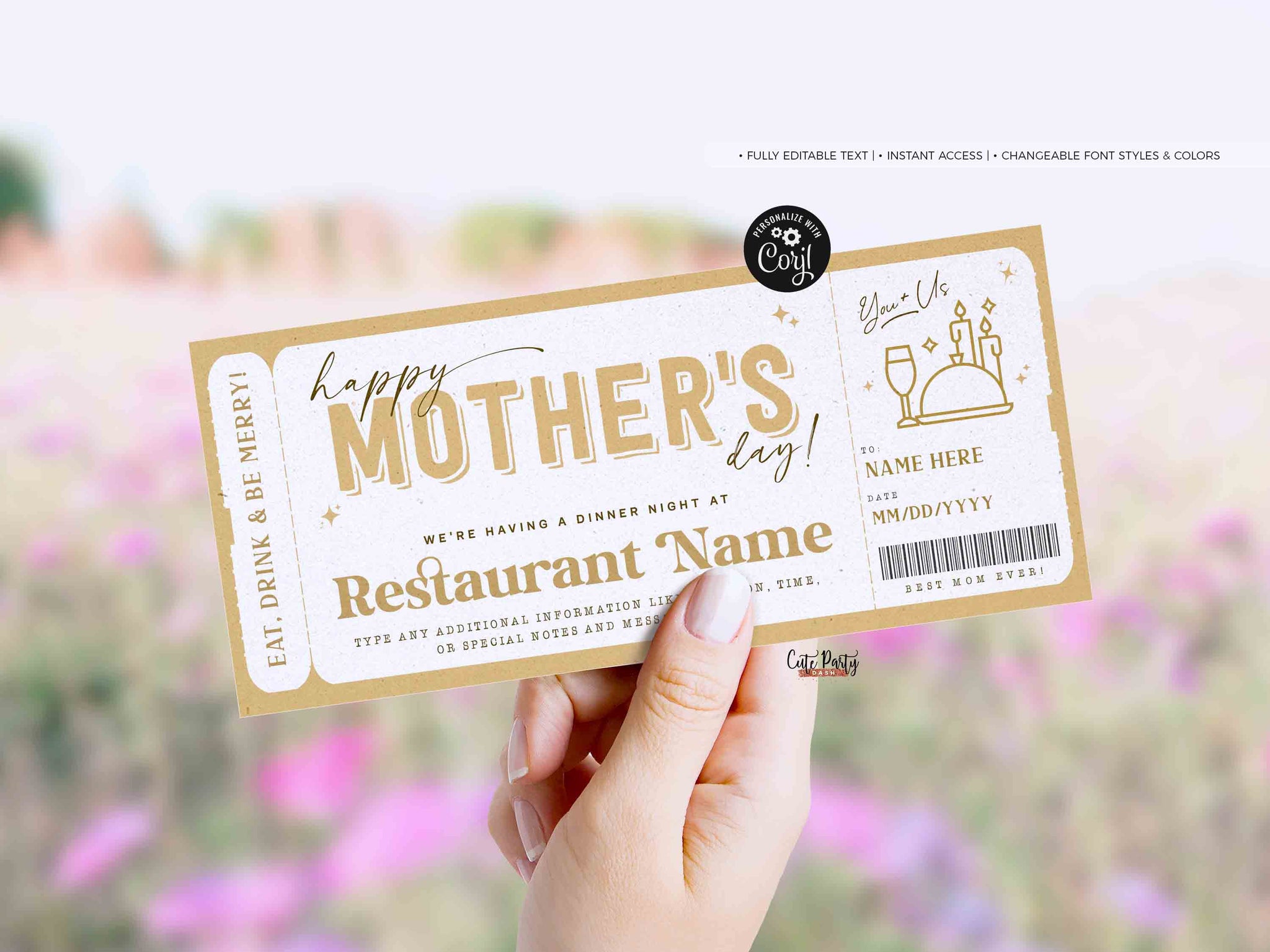 Mother's Day Gift Dinner Night Gift Voucher Certificate, Date Night Coupon  - Digital Download