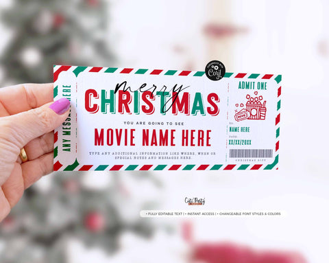 Christmas Surprise Movie Night Gift Ticket Template  - Digital Download