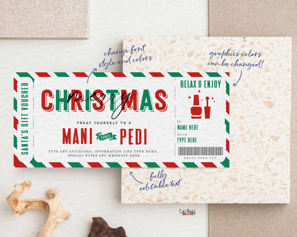 Christmas Manicure Pedicure Gift Voucher Template Mani Pedi Gift Ticket Coupon - Digital Download