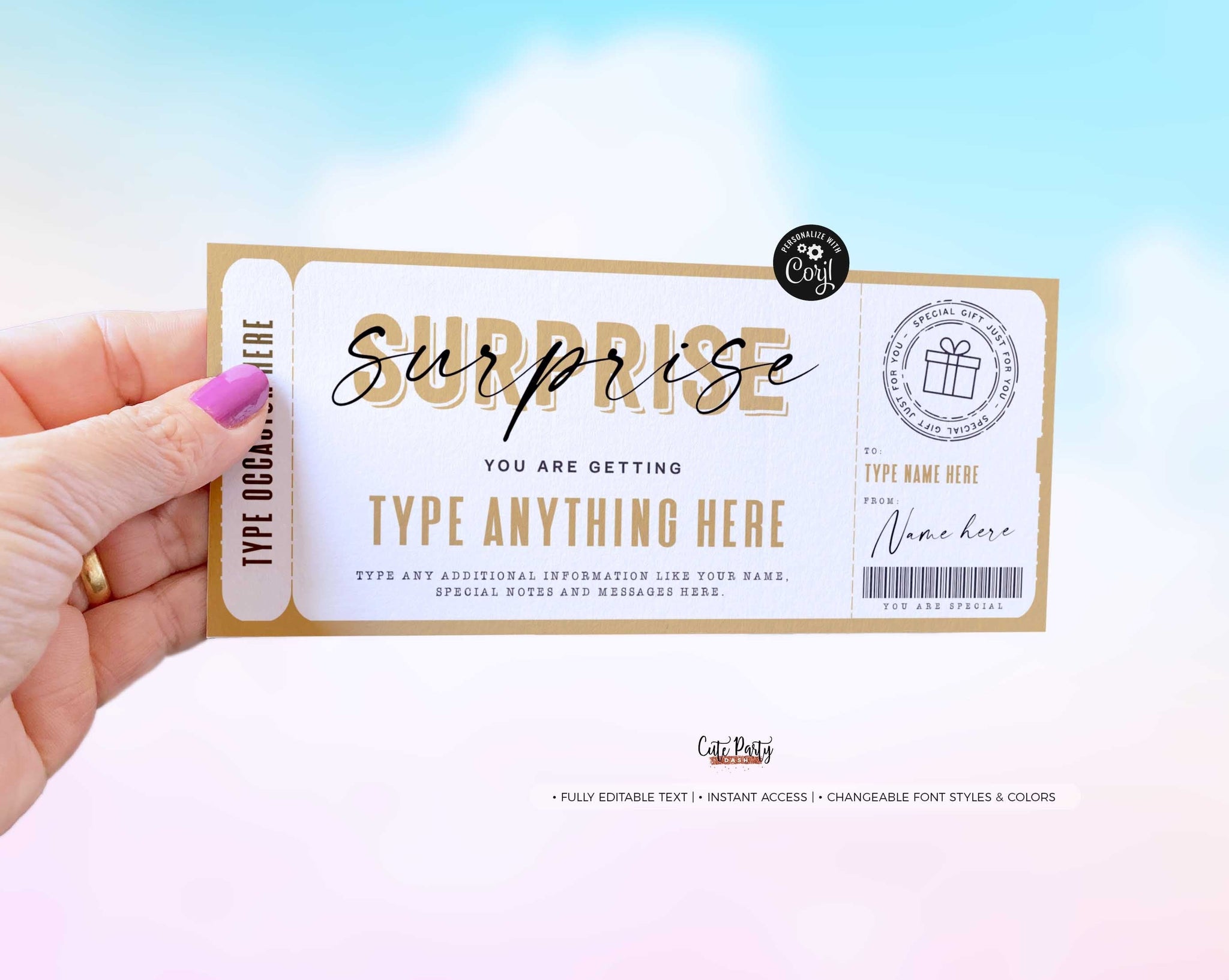 Surprise Birthday Gift Ticket Template, Editable Surprise Experience Ticket Voucher - Digital Download