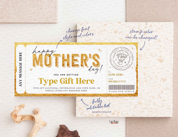 Mother's Day Gift Voucher, Surprise Gift for Mom Certificate Template, Experience Ticket Editable Golden Gift Ticket Coupon - Digital Download