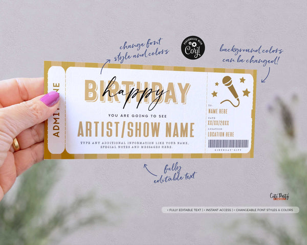 Birthday Gift Concert Ticket Template, Editable Surprise Concert Voucher - Digital Download