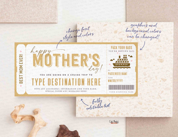 Mother's Day Gift Cruise Boarding Pass Vacation Ticket Gift Voucher, Editable Gift Ticket Template, Surprise Cruise ticket- Digital Download