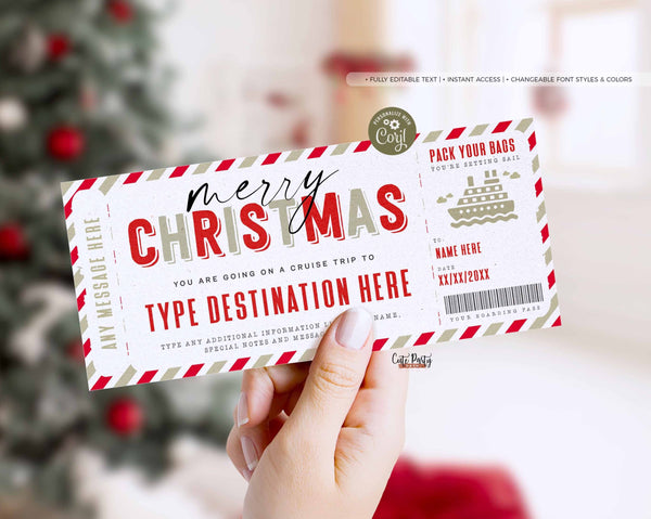 Gold Christmas Cruise Boarding Pass Vacation Ticket Gift Voucher - Digital Download