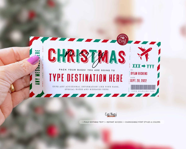 Christmas Editable Boarding Pass Template, Editable Holiday gift ticket, Fake Airplane Ticket Trip, Airlines Voucher