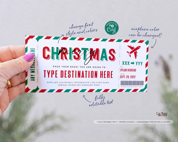 Christmas Editable Boarding Pass Template, Editable Holiday gift ticket, Fake Airplane Ticket Trip, Airlines Voucher