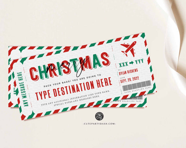 Christmas Editable Boarding Pass Template, Editable Holiday gift ticket, Fake Airplane Ticket Trip, Airlines Voucher